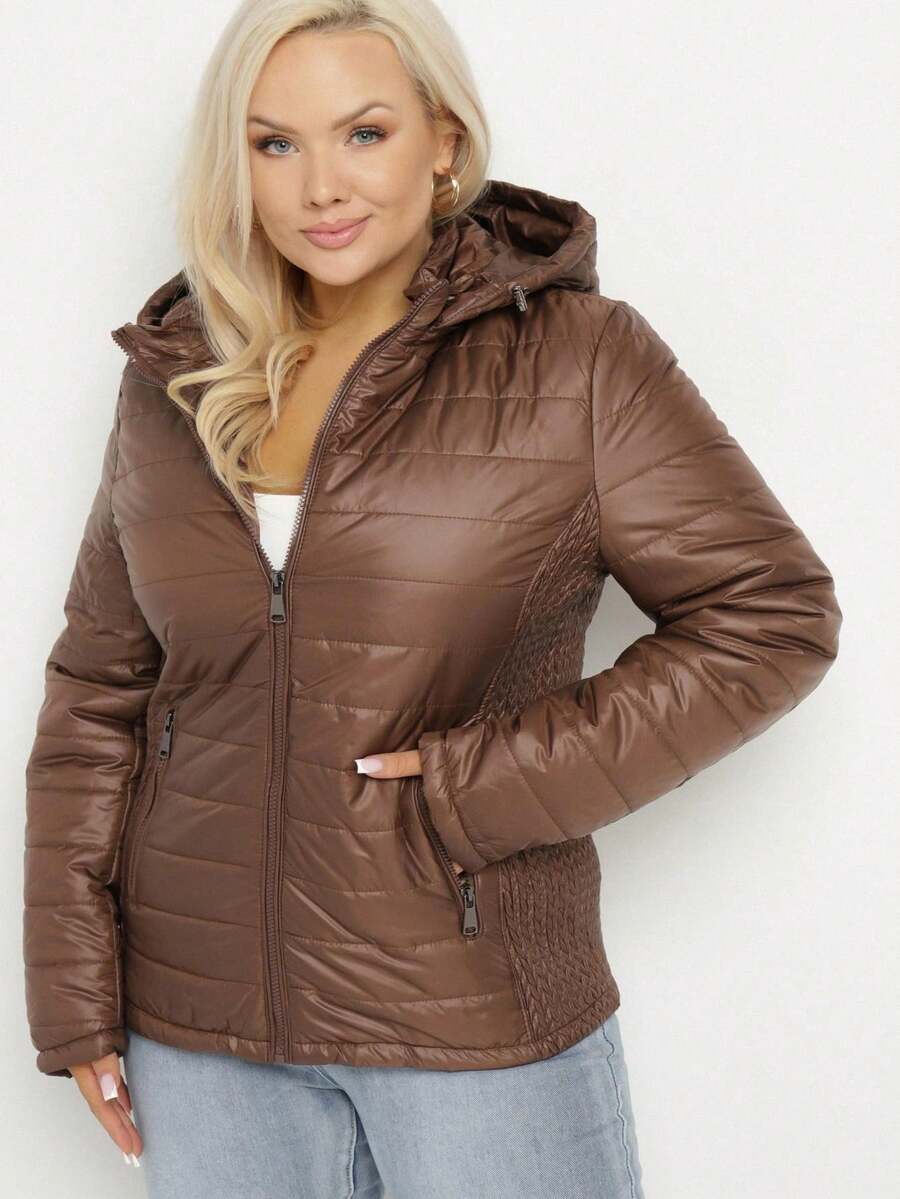 Chaqueta acolchada con capucha desmontable e inserciones elásticas - Marrón - Ver 1