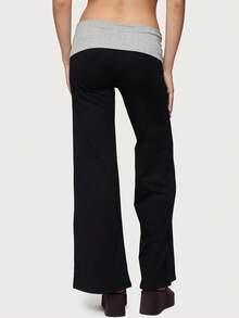Fold Over Yoga Pants For Women Low Rise Wide Leg Flare Yoga Lounge Pants Straight Sweatpants Y2k Solid Color Stretchy Loose Gym Lounge Leggings - 黑色 - 查看 3