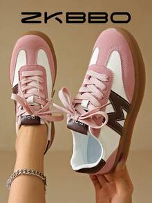 ZKBBO Women's Casual Sports Shoes, Retro Lace-Up Round Toe, Lightweight Comfortable Non-Slip Fitness Walking Sneakers - Pink - View 2