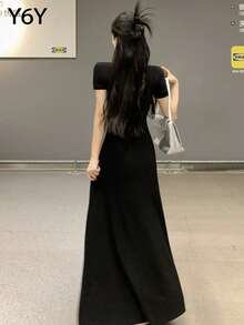 【Y6Y】黑色方领修身连衣裙 | 秋季法式优雅收腰显瘦连衣裙 - 黑色 - 查看 2