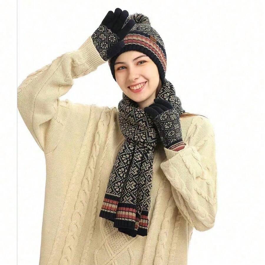 男女百搭针织羊毛围巾，加厚设计，打造时尚简约的冬日风格。欧式针织雪花围巾，倍感温暖。三件套，包含帽子、围巾和手套。 - 彩色 - 查看 1