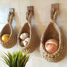 1pc Hand Woven Wall Basket, Natural Linen Storage Basket, Bohemian Style, Creative Wall Storage Bag, Teardrop Shape, Garden Plant Pot Container, Store Fruits, Vegetables, Garlic And Onion, Flowers, Kitchen Decoration, Garden Decoration, Suitable For Home Living Room And Kitchen Decoration With Natural Touch, Craft Basket, Wedding Gift Decoration Basket. - Brown - View 3