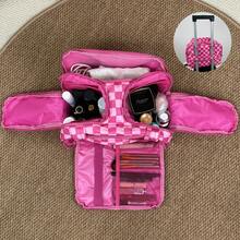 Checkered Toiletry Bag,Large Capacity Water-Proof Plaid Cosmetic Bag,Women Multi-Partitions Makeup Bag,Dust-Proof Wide-Open Puffy Organizers For Travel Accessories , Portable Travel Bag With Strap For Putting On Suitcase - Màu Hồng Tươi - Xem 2