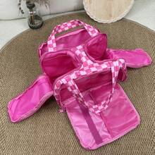 Checkered Toiletry Bag,Large Capacity Water-Proof Plaid Cosmetic Bag,Women Multi-Partitions Makeup Bag,Dust-Proof Wide-Open Puffy Organizers For Travel Accessories , Portable Travel Bag With Strap For Putting On Suitcase - Màu Hồng Tươi - Xem 1