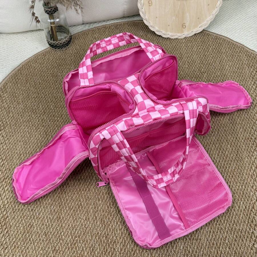 Checkered Toiletry Bag,Large Capacity Water-Proof Plaid Cosmetic Bag,Women Multi-Partitions Makeup Bag,Dust-Proof Wide-Open Puffy Organizers For Travel Accessories , Portable Travel Bag With Strap For Putting On Suitcase - Màu Hồng Tươi - Xem 1