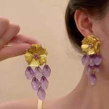 2 Pieces Exaggerated Floral Earrings Fashion Lightweight Luxury Purple Tassel Earrings Long Style Daily Casual Style Women's