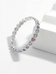 1 Stück eleganter, minimalistischer, romantischer, stapelbarer 925er Silber-Ring mit buntem Herz-Design aus kubischem Zirkonia, Damen Party/Date Accessoire, Valentinstags Geschenk - Silber - Übersicht 4