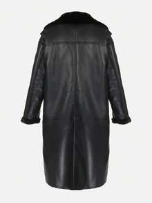 Long Oversized Coat With Faux Leather And Fur - Black - View 7