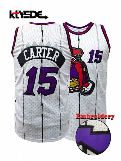 KTYSDE Camiseta de baloncesto retro #15 para hombres, estampado de dinosaurio de dibujos animados + cuello redondo sin mangas holgado con bordado, adecuado para baloncesto, deportes, correr, ropa urbana, unisex