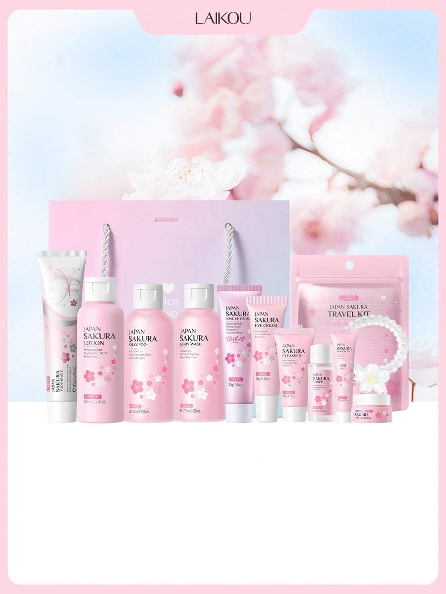 1套保湿修复LAIKOU日本樱花护肤套装，（日本樱花乳液100ml＆洗发水100ml＆沐浴露100ml＆提亮霜30g＆眼霜15g＆旅行套装4件套（洗面奶20g+水20ml+面霜8g+防晒霜8g）＆牙膏85g＆透明电话线头带（白色樱花）＆樱花发夹（黄色）提升整体完成度护肤礼盒保湿