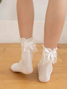 1 Pair Women Black Ruffle-Trim Striped Bow Design Comfortable Socks, Cute & Versatile For Daily Wear - Black - View 14