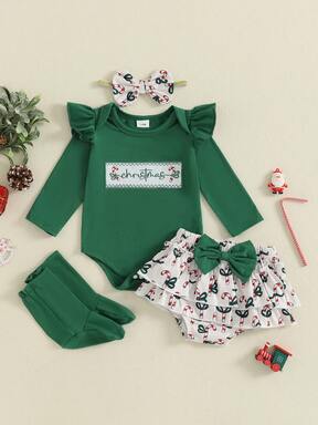 Conjunto navideño para niña bebé, mono bordado de manga larga, pantalones cortos, diadema con lazo, calcetines largos, conjunto de 5 piezas