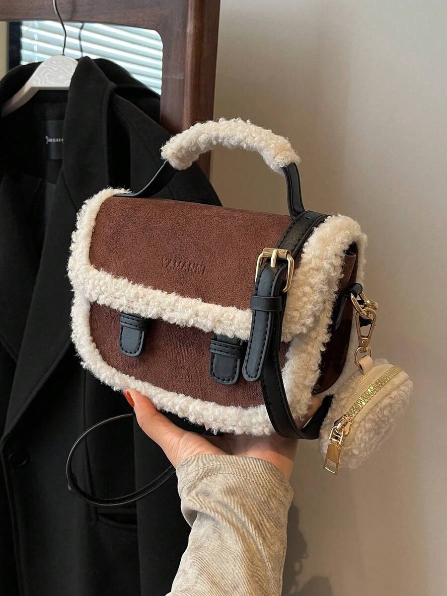 Fashionable Coffee-Color Suede Fuzzy Trim Mini Handbag - Coffee - View 1