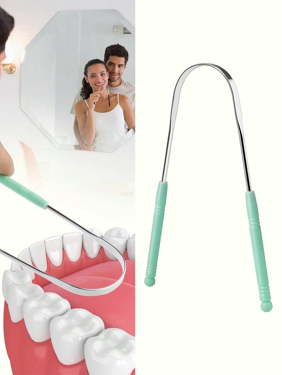 1pc 420 Stainless Steel Tongue Scraper, U-Shaped Deep Cleaning Tongue Cleaner, Halitosis Removal, Oral Care, Wide Angle Scraper, Convenient Design - Green - View 1