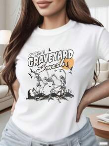 Women's Dancing Skull Print T-Shirt - This Comfortable Crew Neck Pullover Features A Dancing Skull Print And Is Machine Washable. The Loose Fit And Comfortable Fabric Make It The Perfect Thanksgiving And Halloween Gift. - trắng - Xem 1