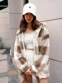 女式格子毛绒宽松休闲夹克，正面拉链口袋，优雅日常宽松秋冬外套 - 摩卡棕 - 查看 5