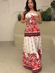 Look Of Millions!!! Long Strapless Dress With Floral Print - Red and White - View 4