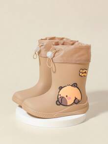 2025新款儿童中筒雨靴，加厚保暖耐用橡胶雨靴，可爱卡通抽绳设计，防水，男女童高档橡胶鞋，小学生适用，清新款式中筒雨靴