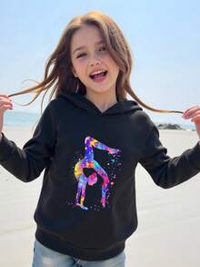 女童休闲瑜伽体操图案卫衣，带保暖内衬 - 黑色 - 查看 3