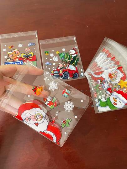 100个可爱饼干人、圣诞老人、雪人印花礼品装饰自封袋、圣诞树、汽车透明OPP袋，适用于主题派对、促销、礼品包装