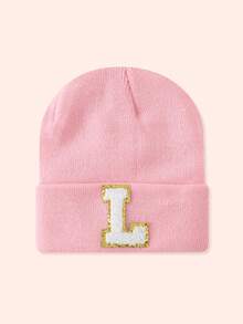 1pc Pink Children's Hat With 26 Letters, Knitted Beanie For Baby Boys And Girls, Warm For Outdoor And Daily Wear - Gold Label-pink Fluorescent Cap - View 65