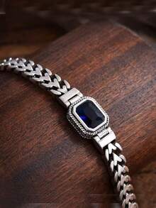 1pc Vintage Punk Style Handmade Heart Chain Blue Zirconia Stone Bracelet, Elegant Men's Accessory Gift