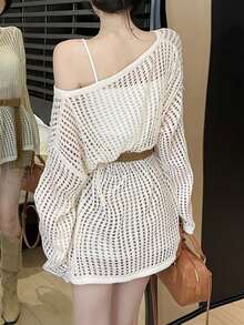 Loose Knit Cover Up With Hollow Design, Matching Camisole Top, Comfortable Casual Chic
