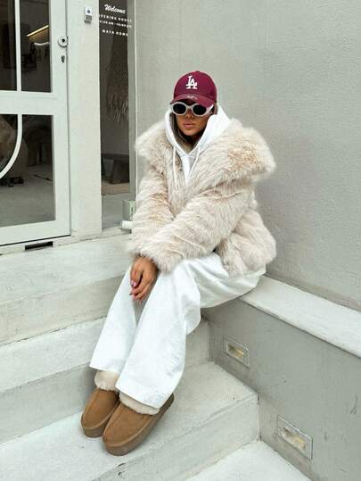 معطف نسائي شتوي بسيط وأنيق من الفرو الاصطناعي - قطن سميك مبطن، فضفاض، لون أحادي، طراز عتيق، طوق مزرر، بطانة ناعمة فاخرة، ملابس خارجية متناسقة