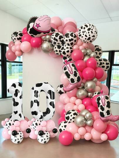 102 piezas/Set Kit de arco y guirnalda de globos con tema de vaquera rosa, globos de papel de aluminio con estampado de vaca de 40" (números del 0 al 9), globos con forma de sombrero y botas de vaquero para decoración de fiesta de cumpleaños con tema de granja, globos de látex de 12" a lunares crema, adecuado para tema de vaquera, tema de granja, tema de granero, decoraciones de fiesta de cumpleaños, baby shower, tema de globos rosas