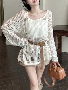 Loose Knit Cover Up With Hollow Design, Matching Camisole Top, Comfortable Casual Chic