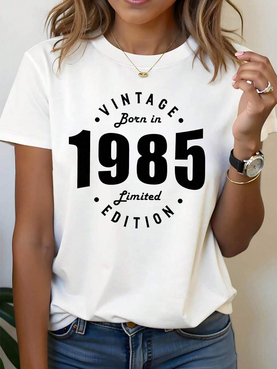 Women's Retro 1985 Limited Edition T-Shirt - White Nostalgic Birthday Pattern Short Sleeve Top, Round Neck Casual Style Suitable For 80s Themed Parties And Daily Wear - Machine Washable Birthday Gift, Designed For Women Born In 1985 - 白色 - 查看 1