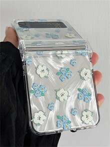 春季可爱油画花卉透明手机壳，带激光云珠链，兼容三星 Galaxy Z Flip7 Z Flip6 Flip5 Flip 4 3 时尚全屏粉色花卉折叠后盖 - 藍白花 - 查看 4