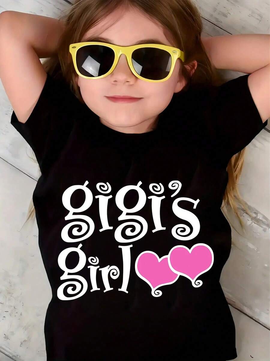 Gigi'S Girl Girls' T-Shirt - Soft Round Neck Short Sleeve Casual Top With Heart & Swirl Print, Machine Washable, Comfortable For Spring Summer Fall, Ideal Gift For Youth Under 13, Girls Tshirts, Youth Casual Wear, Playful Graphic Tee, Comfortable Fit Shirt, Knit - 黑色 - 查看 1