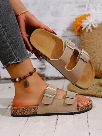 Soft Beige Color With A Gentle Feel, Fashionable Double Buckle Design For Easy Adjustment, Fluffy Sole Feels Like Walking On Clouds, Extremely Comfortable For Daily Wear, Lounging At Home Or . Also Available In Pink, Black, And Blue For Selection.