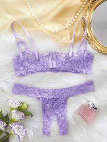 Sexy Lace Design Lingerie Set For Women, Featuring Seductive Hollow-Out And Thong Panties, Comfortable And Skin-Tight, Suitable For Romantic Trips And Fantasy Nights - Purple - View 6