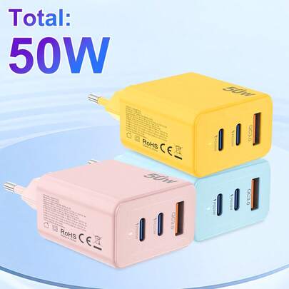 Caricabatterie rapido da 50W con spina EU, con 2 porte PD 25W e QC 3.0, uscita Type-C + USB-A, compatibile con iPhone 17/16/15/14/13/12 Pro/Plus Pro Max, Galaxy, OPPO, Vivo e altri smartphone, tablet, e-reader, power bank