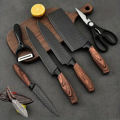 Professional / 6 Kitchen Knife Set, Chef's Knife, Slicing Knife, Scraper And Scissors, High Carbon Stainless Steel Super Sharp, With Anti-Stick Ergonomic Wooden Handle, Chef's Knife Set, Suitable For Family Travel, Gift Box Set