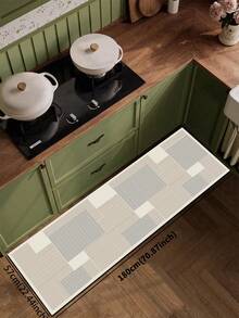 1块硅胶厨房垫，由不同大小的矩形块组成，带有平行垂直条纹的极简几何图案，浅米色、浅灰色调，营造简约现代的视觉效果。奢华时尚厨房垫，缓冲抗疲劳，表面织物材质，中间海绵吸水材质，底部橡胶材质防滑防水厨房地毯浴室厨房装饰