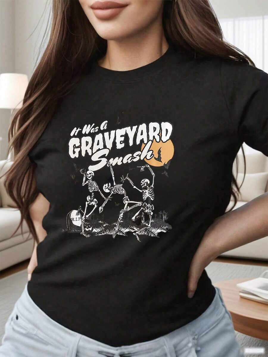 Women's Dancing Skull Print T-Shirt - This Comfortable Crew Neck Pullover Features A Dancing Skull Print And Is Machine Washable. The Loose Fit And Comfortable Fabric Make It The Perfect Thanksgiving And Halloween Gift. - 黑色 - 查看 1