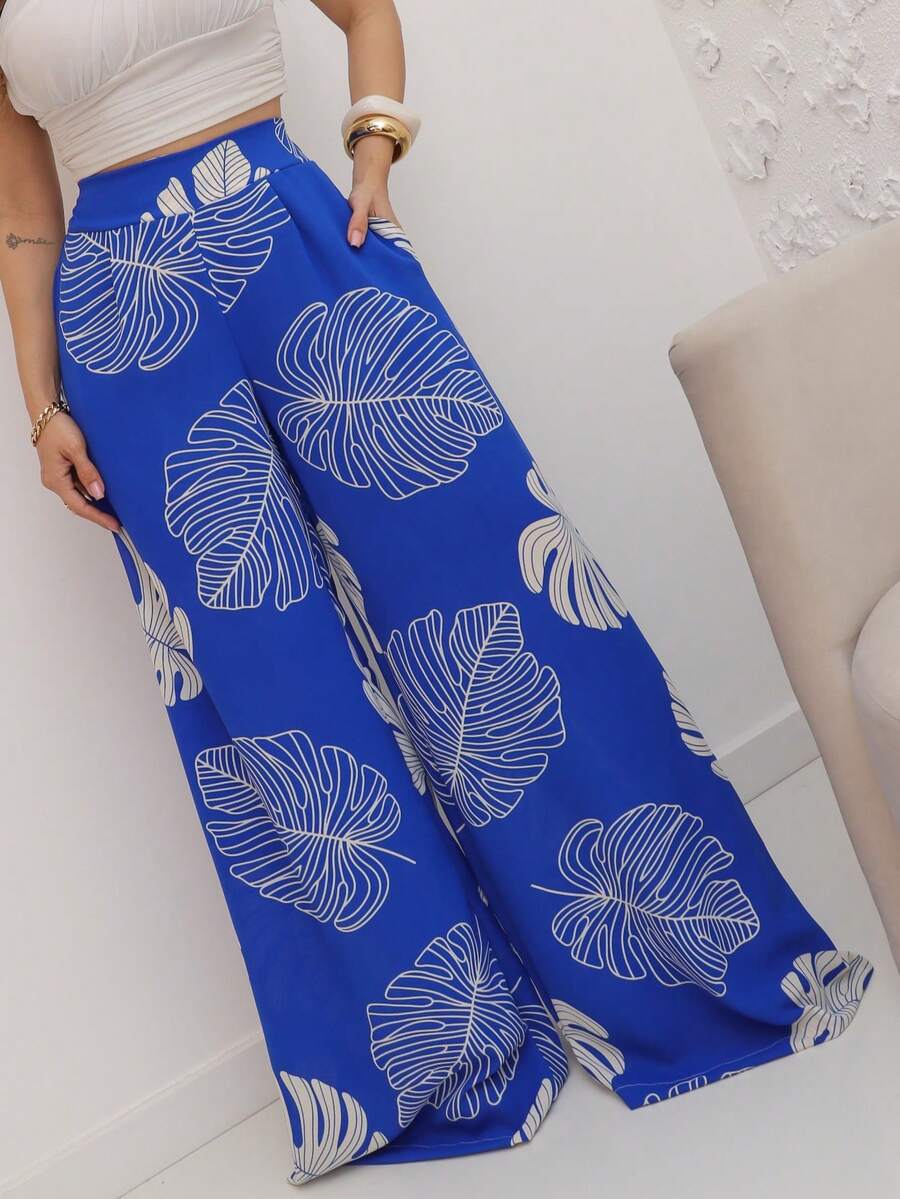 Wide Leg Pants Plant Print All Over S M L - Royal Blue - View 1