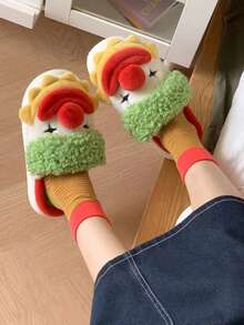 1 双男女通用万圣节小丑毛绒一脚蹬防滑平底休闲家居拖鞋，适合秋冬季 - 紅白色 - 查看 5