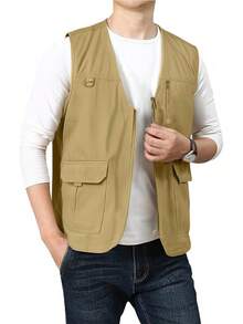 Men's Casual Outdoor Cotton Vest Lightweight Breathable Multi-Pocket Fishing Travel Vests OutwearChristmas IQWV - 04-卡其色 - 查看 1