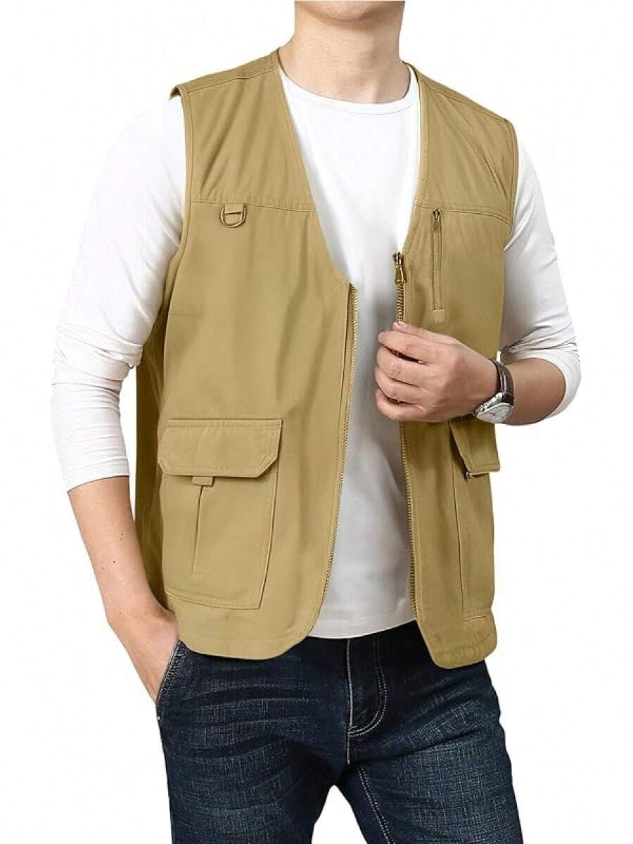 Men's Casual Outdoor Cotton Vest Lightweight Breathable Multi-Pocket Fishing Travel Vests OutwearChristmas IQWV - 04-卡其色 - 查看 1