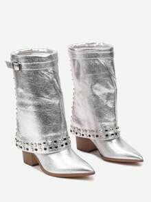 Fashion Studded Pointed Toe Cowboy Boots With Heel And Buckle - Silver - View 5