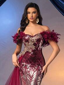 QOQ Noble Elegant Burgundy Floral Decoration One Shoulder Feather Women Gown Dresses,Party Dress,Formal,Evening,Wedding Guest