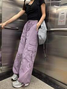 Summer New Cargo Pants Women, Loose Drawstring Wide Leg Cinched Ankles Functional Elastic Waist - Purple - View 4