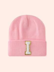 1pc Pink Children's Hat With 26 Letters, Knitted Beanie For Baby Boys And Girls, Warm For Outdoor And Daily Wear - Gold Label-pink Fluorescent Cap - View 27