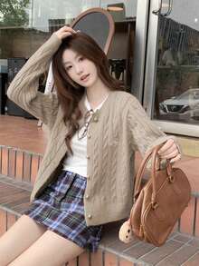 Cardigan Longgar Leher Bulat Warna Polos dengan Bordir untuk Wanita, Cocok untuk Beraktivitas Sehari-hari, Musim Gugur/Dingin - Khaki - View 4