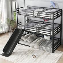 Twin XL Over Twin XL Over Twin XL Bunk Bed With Slide, Metal Triple Bunk Bed With Safety Guardrails, Heavy-Duty Bunk Bed With Noise-Reduced Design, Black - 1 - Xem 3