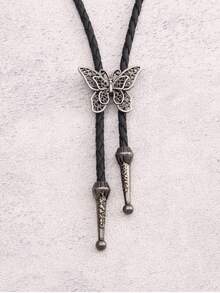 1pc Retro Bronze/Silver Butterfly Pendant Necklace, Casual Woven Black Leather Strap, For Men Gift - Butterfly - View 3